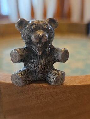 Vintage Solid Pewter Teddy Bear Pencil Topper Letter Opener Handle Figurine